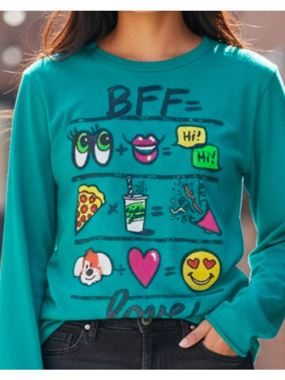 Hanes Girls Green Long Sleeve Graphic Tee With "BFF Love" Emoji Design Soft Rayo - Picture 4 of 8